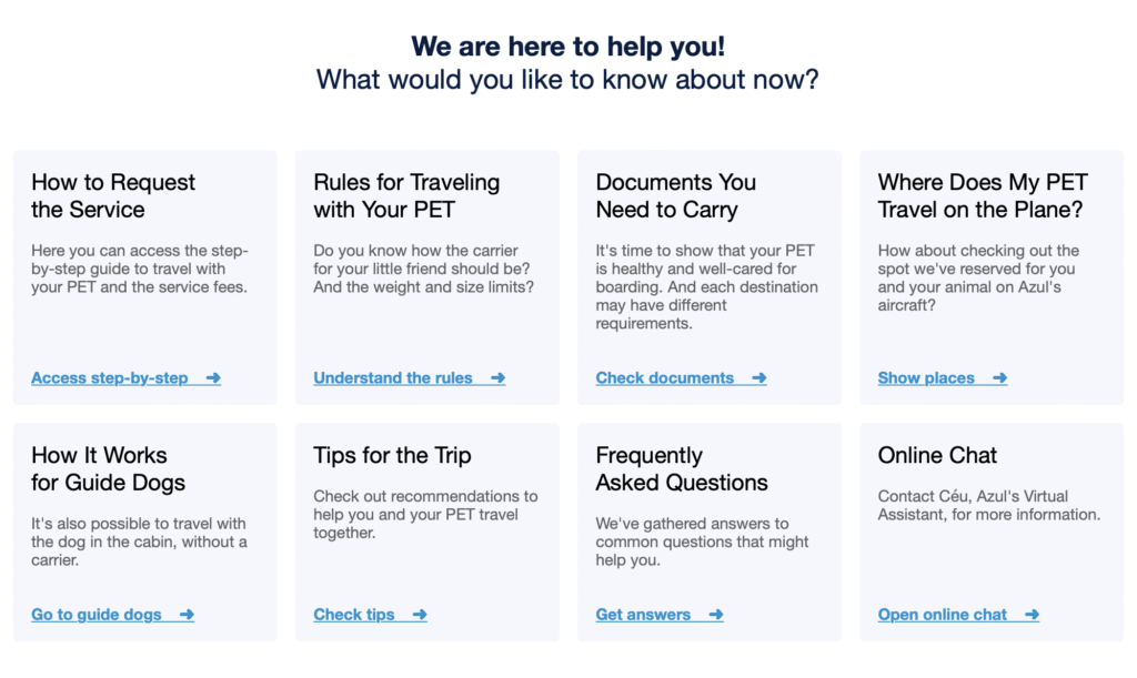 Screenshot from Azul Airlines website with their FAQ.
