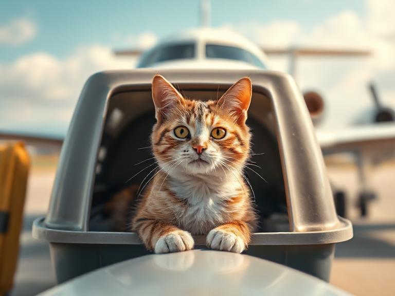 Cat inside a travel carrier with an airplane in the background, ready for in-cabin flight at one of the best pet-friendly airlines.