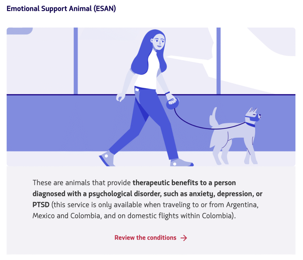 A screenshot of LATAM Airlines Emotional Support Animal (ESAN) rules, with an illustration of a woman walking a dog on a leash.