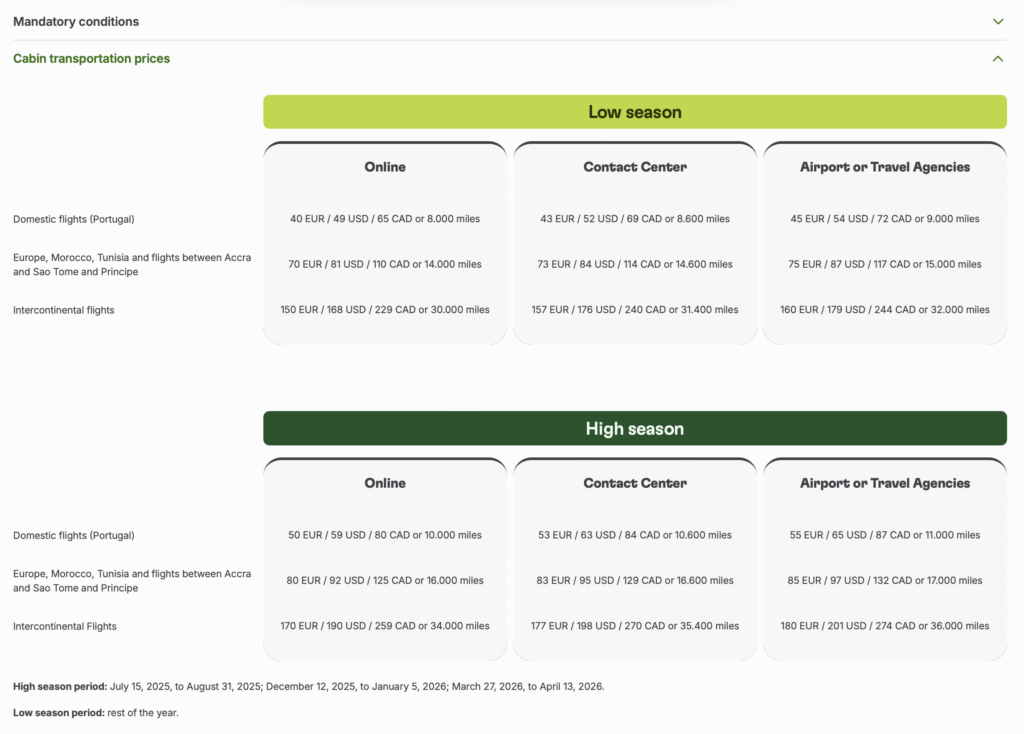 A screenshot of TAP Airlines cabin transportation prices, illustrating low season and high season fees, from domestic to intercontinental flights.